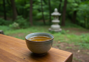 A peaceful cup of tea in the forest – ideal for wellness blogs, nature therapy content, meditation visuals, and relaxation campaigns