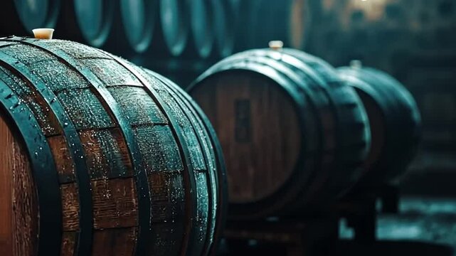 Old wooden wine barrels in a dim cellar under soft lighting, capturing rustic tradition of winemaking and aged spirits. 4K resolution video