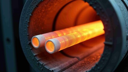 Close-up of glowing ceramic tubes in industrial kiln.