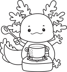 Outline of Illustration of cute axolotl activities icon.
Lineart of Funny pink axolotl in daily routine stickers.
