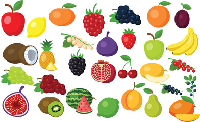 Colorful fruits and berries set. Trendy abstract minimal style. Natural tropical fruits. Fig, cherry, apple, peach, lemon, banana, avocado, pomegranate, pineapple, melon. Vector illustration.