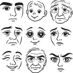 Hand-drawn line art collection of expressive human faces, showcasing various emotions such as happiness, sadness, anger, surprise, love, and confusion.