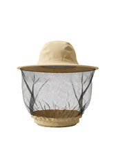 Beige hat with a mesh face covering