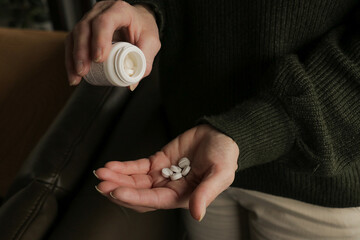 Medication pills in hand. Health care medicine subscription, illness, depression, sick, hospital,...