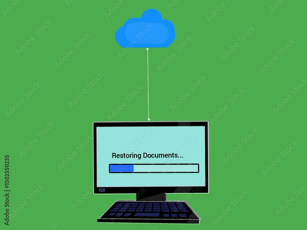 Poster the process of restoring data from the cloud to a computer. cloud storage, online backup, file recov