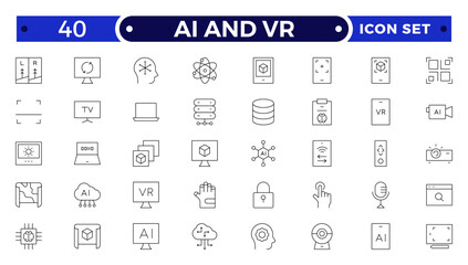 AI and VR outline icon set. Containing robot, artificial intelligence, innovation, smart city, robotics, humanoid, hologram, digital world, high-tech and automation.