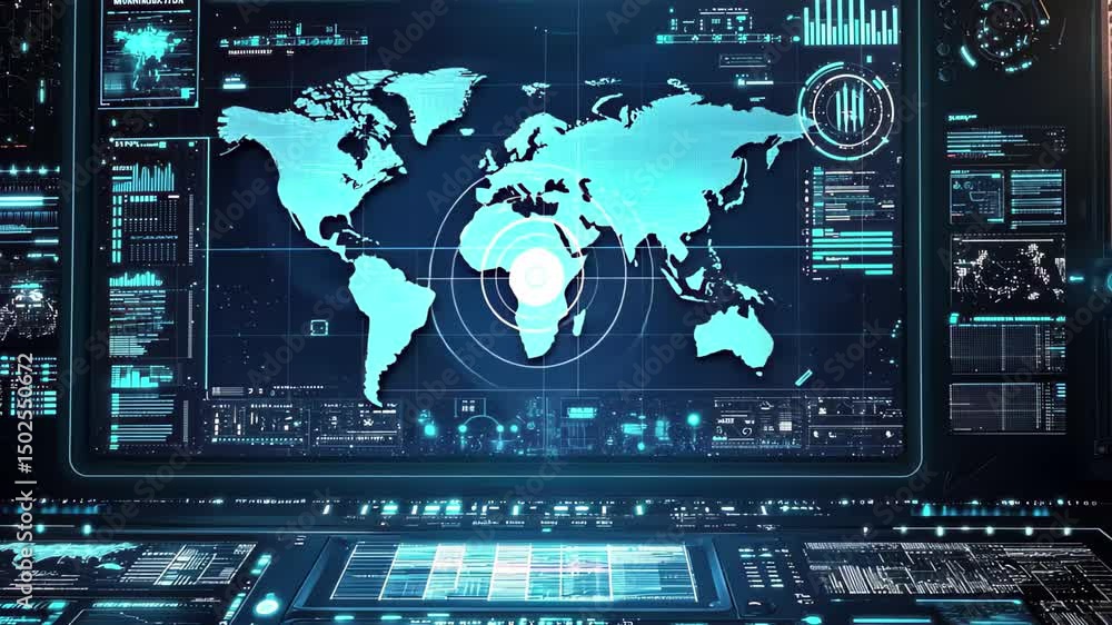 Poster futuristic digital interface with glowing blue display showcasing a world map and data metrics, futu