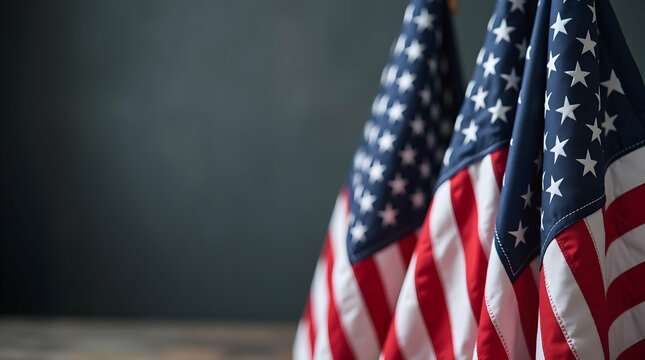 American Flags Hanging on Dark Background for Veterans Day: Patriotism, Remembrance, and National Pride with Copy Space