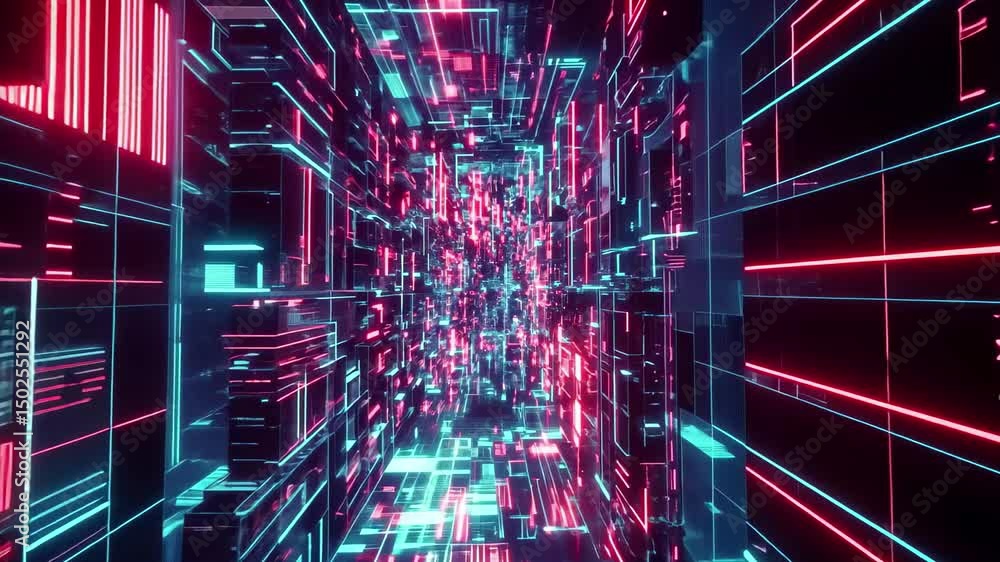 Poster exploring a vast abstract sci fi cityscape with vibrant neon lights and geometric patterns, abstract