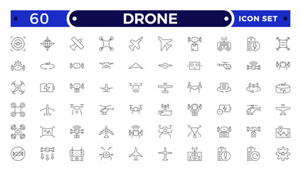 Drone vector outline icon set. Contains linear outline icons like Quadcopter, Propeller, Remote Control, Radar, Camera, Battery, Delivery, Copter