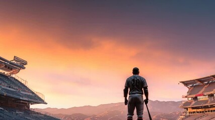 A lone baseball player stands in a stadium at sunset, preparing for an upcoming game - Powered by Adobe