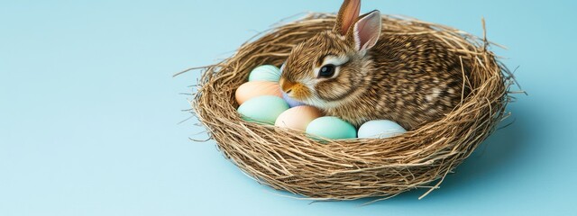 A brown bunny sits in a woven nest with pastel colored eggs on a light blue background