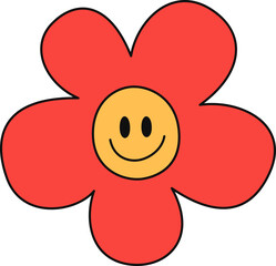 Groovy retro flower with smile face. Cartoon character face for retro hippie style. Vector isolated.