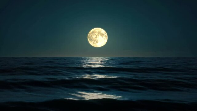 Majestic full moon illuminating calm sea at night with beautiful reflections, full moon at sea at night, amazing view landscape video in background for live wallpaper