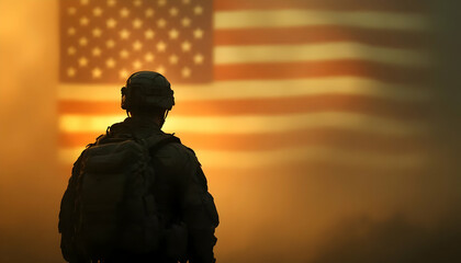 Solemn Remembrance: Soldier Silhouetted Against Hazy American Flag Background for Veterans Day – Copy Space