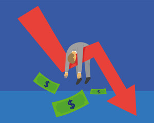 Businessman On Chart Red Arrow Goes Down. Financial Crisis. Illustration Vector Cartoon.