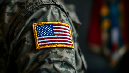 Patriotism & Sacrifice: US Army Soldier with Reverse Flag Patch on Camouflage Uniform for Veterans Day – Copy Space.