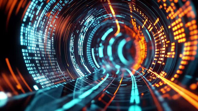Experience the mesmerizing beauty of a futuristic digital tunnel with vibrant blue and orange lights, 3D futuristic digital tunnel with blue and orange binary code