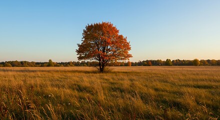 AI-Generated of Lone Autumn Tree with Golden Meadow under Clear Blue Sky and Negative Space