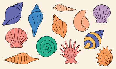 Vector set of seashells in flat style. Includes various shapes and colors: spiral, scallop, drop-like, and decorative fantasy shells. 