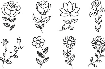 Minimalist floral line art collection of roses lotus and daisies