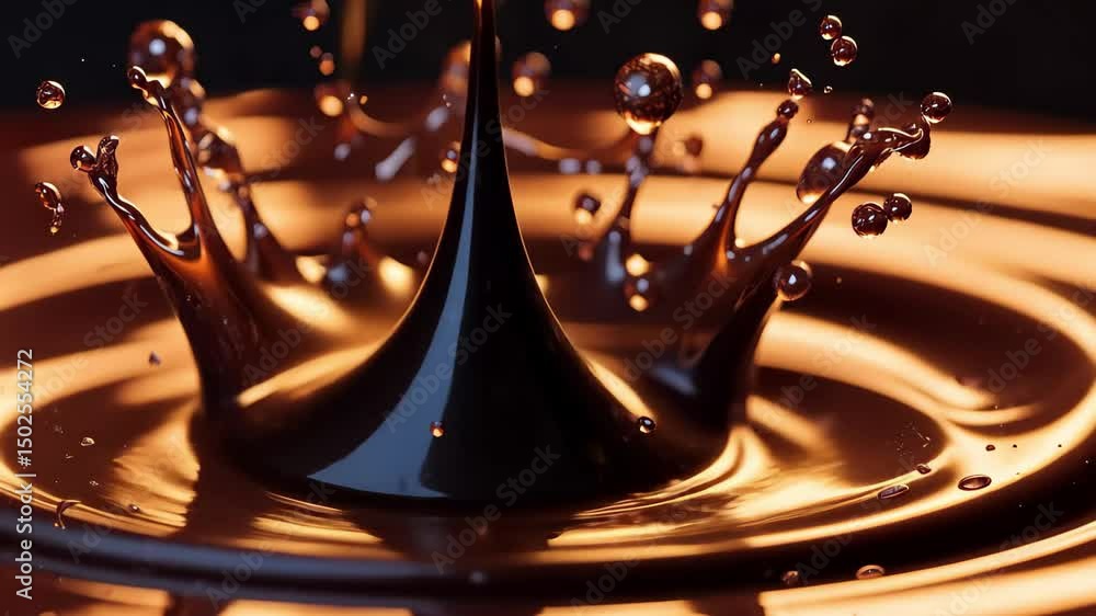 Poster chocolate splashes dramatically into a dark pool creating a captivating crown effect, closeup shot o