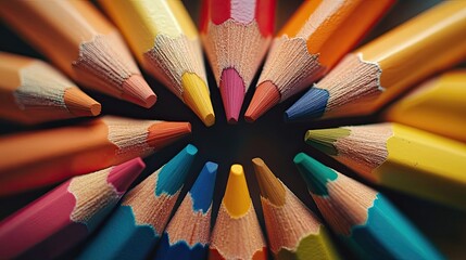 Color pencils arranged in circle with sharp points bright hues and symmetry ideal for art supplies or creative layouts