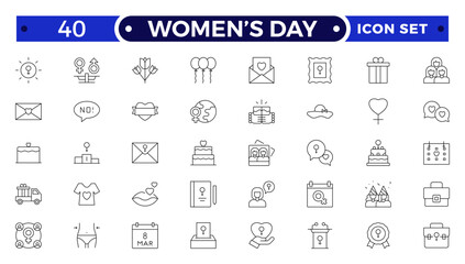 Women’s Day Outline Icon Set. Feminine symbols for empowerment, equality, leadership, motherhood, celebration, solidarity, strength, feminism, unity, rights, inspiration, female power.