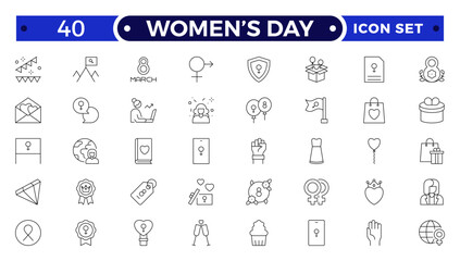 Women’s Day Outline Icon Set. Feminine symbols for empowerment, equality, leadership, motherhood, celebration, solidarity, strength, feminism, unity, rights, inspiration, female power.