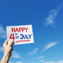 Hand holding Happy 4th of July sign under blue sky