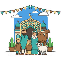 Obraz premium Happy Muslim family celebrates Eid al-Adha with mosque, camel, sheep, cow, and goat; vibrant flat design banner with islamic and arabic themes