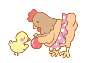 The hen gives an apple to her chicks.