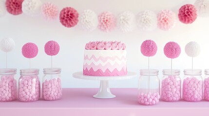 Elegant pink and white table setting with cake, candy, and wall decorated with pink pom-pom paper balls in various sizes, creating a charming and festive dessert display scene.