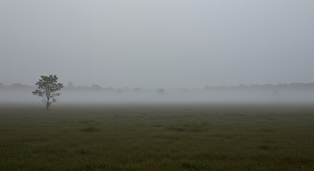 Naklejka premium AI-Generated of Lonely Tree in a Misty Field with Negative Space at Dawn
