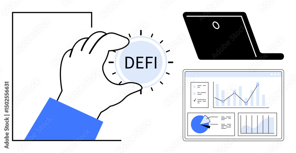 Poster hand holding defi coin alongside a laptop and data-filled analytics dashboard featuring graphs and c