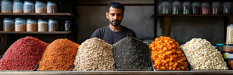 Vendor stands behind vibrant display of spices and dried fruits, showcasing array of colorful mounds. rich textures and hues create inviting atmosphere, perfect for exploring culinary delights