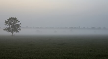 Fototapeta premium AI-Generated of Lonely Tree in a Misty Field with Negative Space at Dawn
