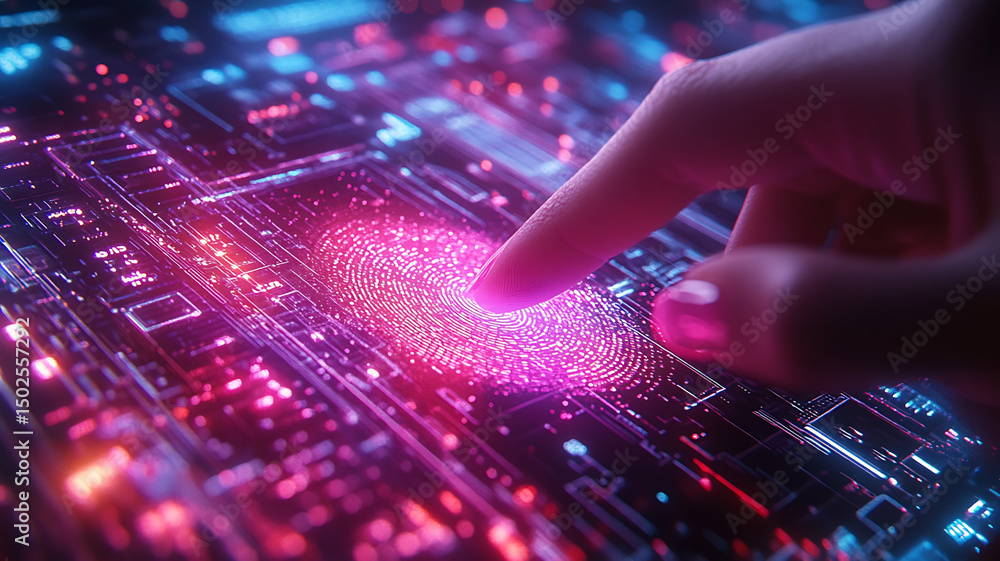 Poster close up image of woman finger touching vibrant, glowing digital interface with intricate patterns a