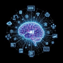 Ilustración conceptual de inteligencia artificial con cerebro digital y conexiones tecnológicas sobre fondo negro