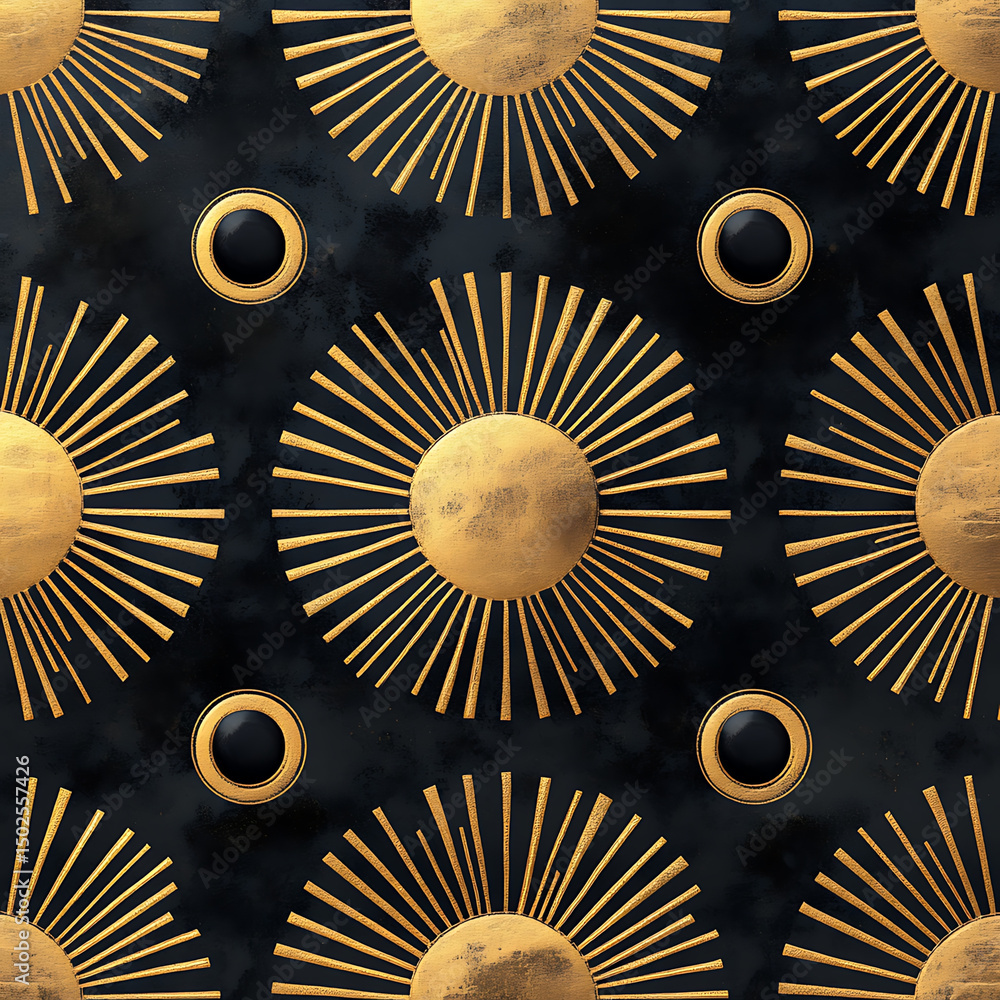 Poster golden sunburst pattern on dark background, featuring circular designs with rays emanating from cent