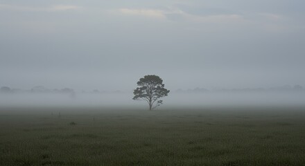 AI-Generated of Lonely Tree in a Misty Field with Negative Space at Dawn