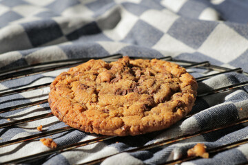 One single chocolate chip cookie on cooling rack and tea towel. Freshly baked homemade chocolate cookies sweet snack captured in direct sunlight