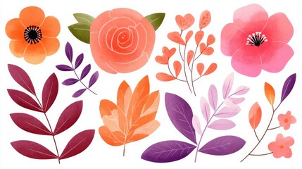 A vibrant collection of hand-painted flowers and leaves.