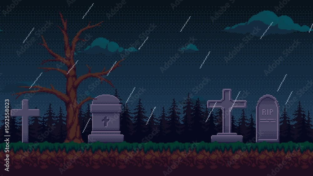 Poster graveyard in rainy weather pixel art background animation. retro 2d video game style animated seamle