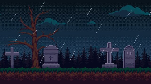 Graveyard in rainy weather pixel art background animation. Retro 2d video game style animated seamless loop of cemetery landscape with tombstones against cloudy sky.