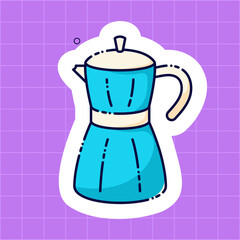 A kawaii blue geyser coffee maker on a purple background. Cute sticker for a daily planner.