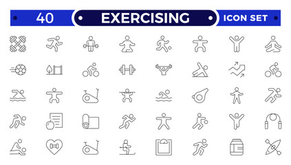 Exercising outline icons related to wellness, wellbeing, mental health, healthcare, cosmetics, spa, medical, massage, yoga, spa, relaxation, exercise, diet. Wellness icon set.