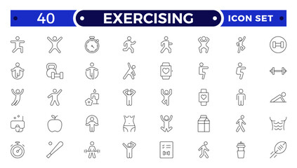 Exercising outline icons related to wellness, wellbeing, mental health, healthcare, cosmetics, spa, medical, massage, yoga, spa, relaxation, exercise, diet. Wellness icon set.