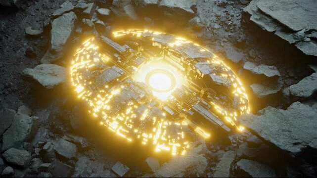 A luminous disc rises from the ground, pulsing with energy. This artifact harnesses power from the heart of Agartha. The keyword artifact reflects its ancient origin.