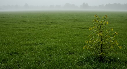 AI-Generated of Young Tree in Dewy Green Field with Ample Negative Space on a Foggy Morning